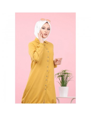 Tunique-Chemise ample boutonnée (Vetement décontracté femme voilée) - Couleur jaune moutarde 