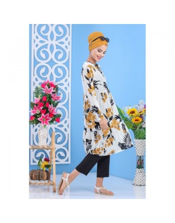 Tunique longue imprimée floral jaune-noir pour femme 