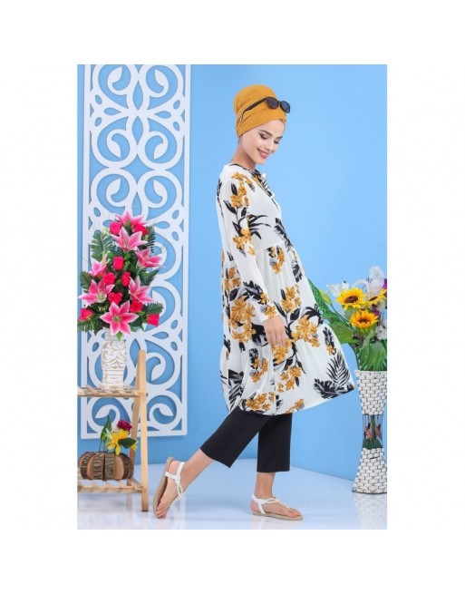 Tunique longue imprimée floral jaune-noir pour femme Tunique longue imprimée floral jaune-noir pour femme
