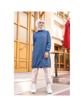 Tunique-Chemise ample boutonnée (Vetement décontracté femme voilée) - Couleur bleu 