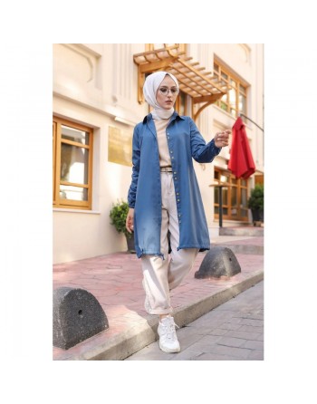 Tunique-Chemise ample boutonnée (Vetement décontracté femme voilée) - Couleur bleu 