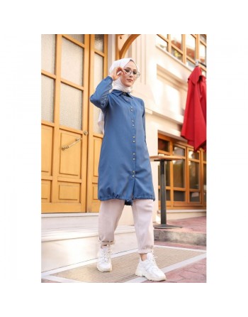 Tunique-Chemise ample boutonnée (Vetement décontracté femme voilée) - Couleur bleu 