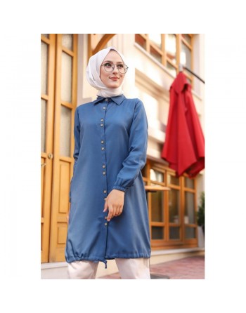 Tunique-Chemise ample boutonnée (Vetement décontracté femme voilée) - Couleur bleu 