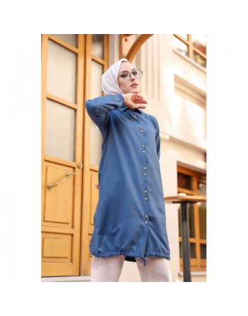 Tunique-Chemise ample boutonnée (Vetement décontracté femme voilée) - Couleur bleu 