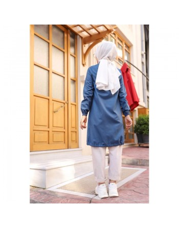 Tunique-Chemise ample boutonnée (Vetement décontracté femme voilée) - Couleur bleu 