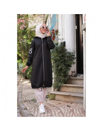 Veste Sweat zippé long et ample avec capuche (Vêtement femme voilée) - Couleur noir 