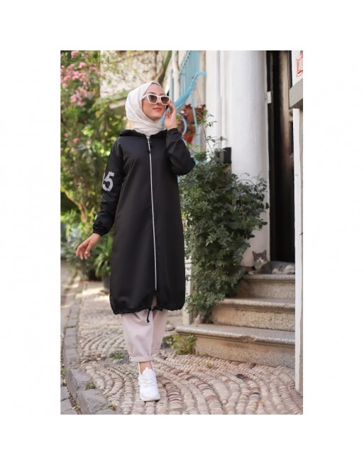 Veste Sweat zippé long et ample avec capuche (Vêtement femme voilée) - Couleur noir 