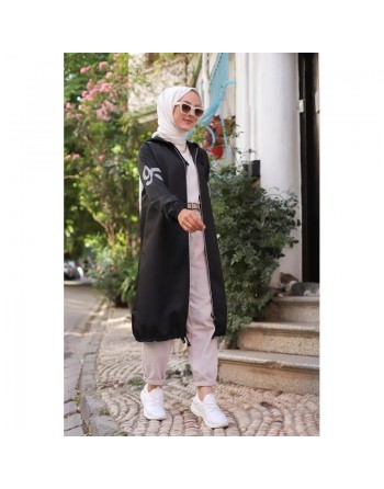 Veste Sweat zippé long et ample avec capuche (Vêtement femme voilée) - Couleur noir 