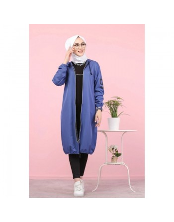 Veste Sweat zippé long et ample avec capuche (Vetement femme voilée) - Couleur Bleu 