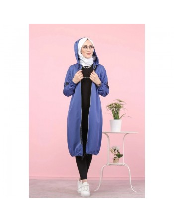 Veste Sweat zippé long et ample avec capuche (Vetement femme voilée) - Couleur Bleu 