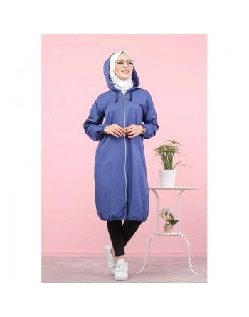 Veste Sweat zippé long et ample avec capuche (Vetement femme voilée) - Couleur Bleu 