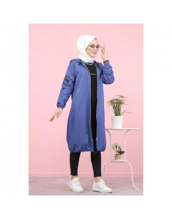 Veste Sweat zippé long et ample avec capuche (Vetement femme voilée) - Couleur Bleu 