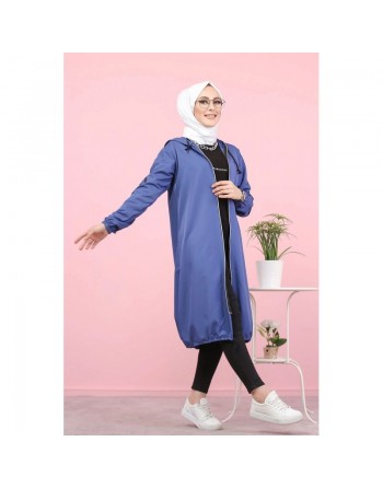 Veste Sweat zippé long et ample avec capuche (Vetement femme voilée) - Couleur Bleu 