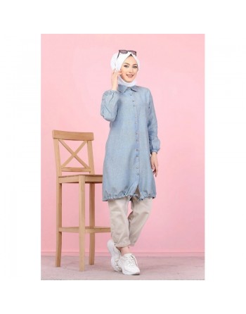 Tunique-Chemise ample boutonnée (Vetement tendance pour femme voilée) - Couleur bleu gris 