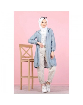 Tunique-Chemise ample boutonnée (Vetement tendance pour femme voilée) - Couleur bleu gris 