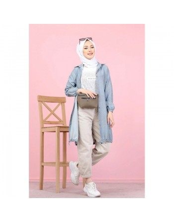Tunique-Chemise ample boutonnée (Vetement tendance pour femme voilée) - Couleur bleu gris 