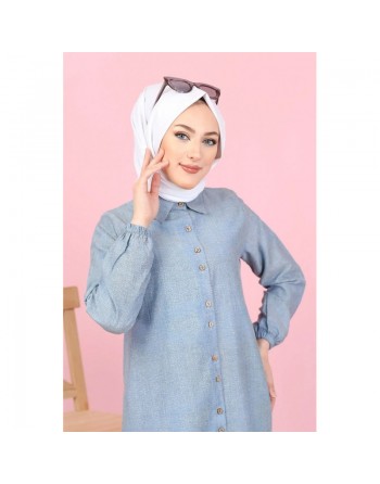 Tunique-Chemise ample boutonnée (Vetement tendance pour femme voilée) - Couleur bleu gris 
