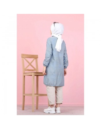 Tunique-Chemise ample boutonnée (Vetement tendance pour femme voilée) - Couleur bleu gris 