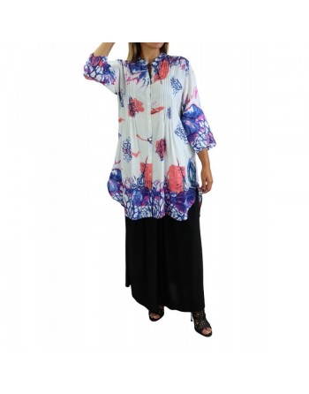 Tunique-Chemise blanche ample motifs fleuris bleu mauve et rose pour femme 