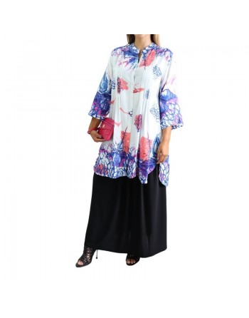 Tunique-Chemise blanche ample motifs fleuris bleu mauve et rose pour femme 