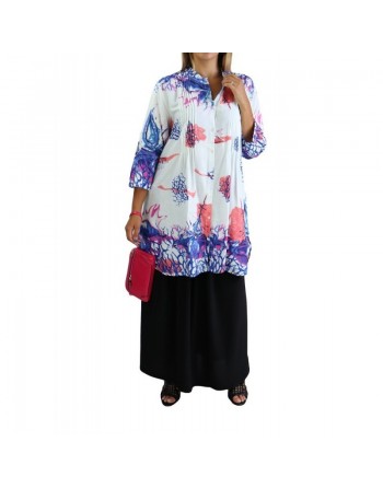 Tunique-Chemise blanche ample motifs fleuris bleu mauve et rose pour femme 