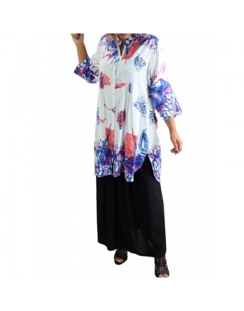 Tunique-Chemise blanche ample motifs fleuris bleu mauve et rose pour femme 