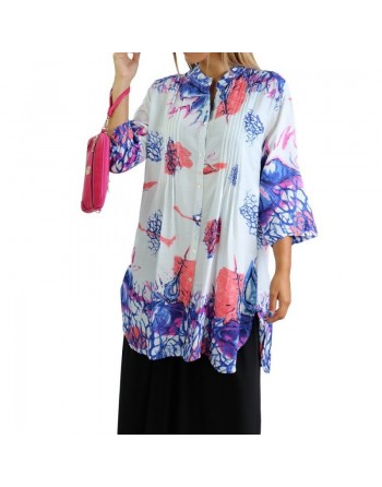 Tunique-Chemise blanche ample motifs fleuris bleu mauve et rose pour femme 