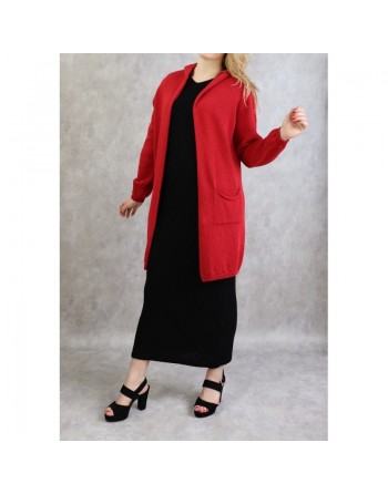 Gilet Star femme mi-long à capuche de marque Amelis Paris- Couleur rouge 