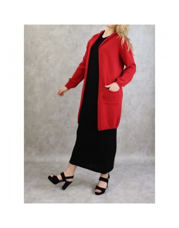 Gilet Star femme mi-long à capuche de marque Amelis Paris- Couleur rouge 