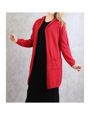 Gilet Star femme mi-long à capuche de marque Amelis Paris- Couleur rouge 