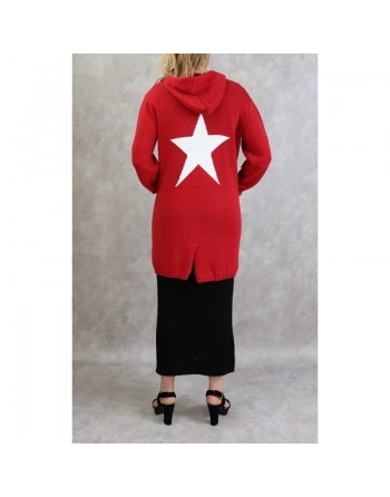 Gilet Star femme mi-long à capuche de marque Amelis Paris- Couleur rouge 