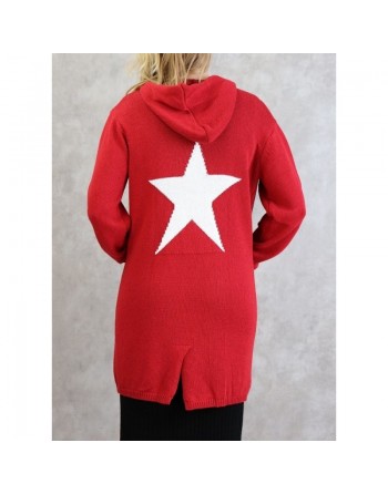 Gilet Star femme mi-long à capuche de marque Amelis Paris- Couleur rouge 
