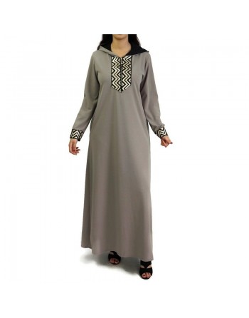 Robe longue type abaya marocaine pour femme avec capuche et motifs dorés - Couleur taupe 