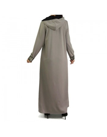 Robe longue type abaya marocaine pour femme avec capuche et motifs dorés - Couleur taupe 