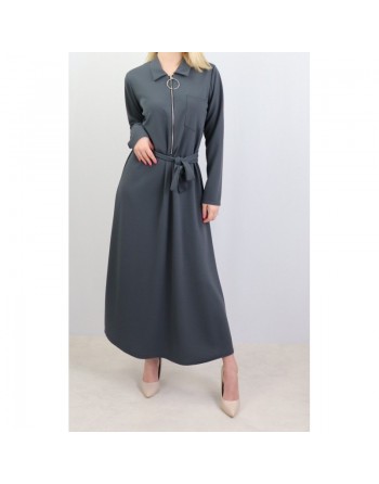 Robe longue fermeture zip avec ceinture style casual pour femme (Taille standard) - Couleur Gris foncé 