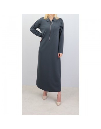 Robe longue fermeture zip avec ceinture style casual pour femme (Taille standard) - Couleur Gris foncé 