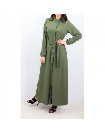 Robe chemise entièrement boutonnée avec ceinture couleur kaki - Marque Amelis Paris Gamme Modest Fashion 