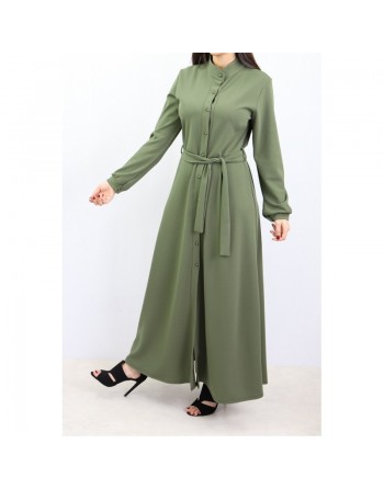 Robe chemise entièrement boutonnée avec ceinture couleur kaki - Marque Amelis Paris Gamme Modest Fashion 