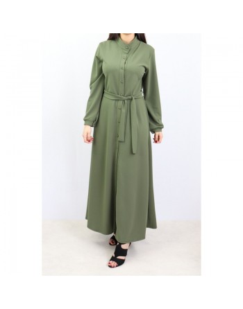 Robe chemise entièrement boutonnée avec ceinture couleur kaki - Marque Amelis Paris Gamme Modest Fashion 