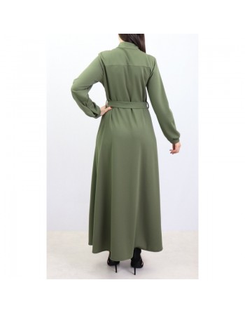 Robe chemise entièrement boutonnée avec ceinture couleur kaki - Marque Amelis Paris Gamme Modest Fashion 