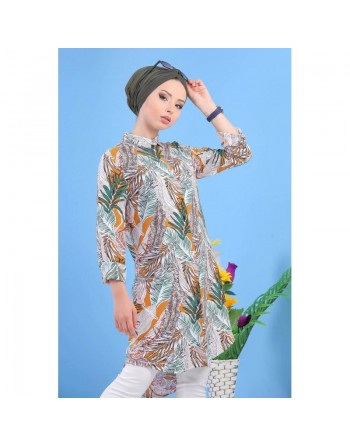 Chemise longue blanche pour femme 100% coton style décontracté à motifs tropical de couleur vert et jaune moutarde 