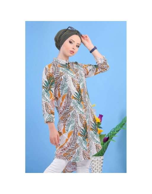 Chemise longue blanche pour femme 100% coton style décontracté à motifs tropical de couleur vert et jaune moutarde 