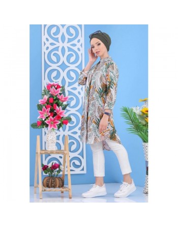 Chemise longue blanche pour femme 100% coton style décontracté à motifs tropical de couleur vert et jaune moutarde 