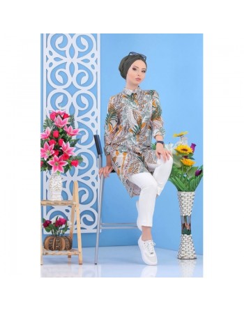 Chemise longue blanche pour femme 100% coton style décontracté à motifs tropical de couleur vert et jaune moutarde 