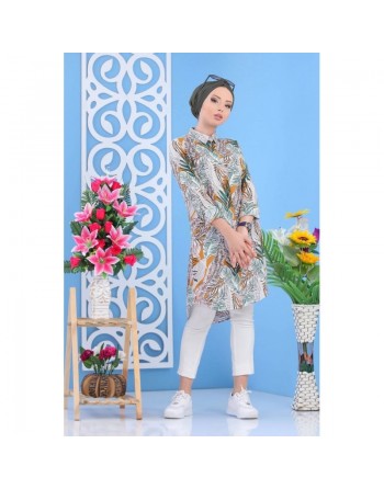 Chemise longue blanche pour femme 100% coton style décontracté à motifs tropical de couleur vert et jaune moutarde 