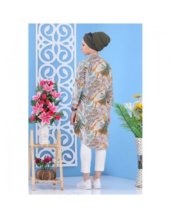 Chemise longue blanche pour femme 100% coton style décontracté à motifs tropical de couleur vert et jaune moutarde 