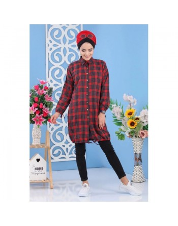 Tunique chemise longue à carreaux pour femme - Couleur noir, vert et rouge 