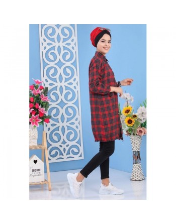 Tunique chemise longue à carreaux pour femme - Couleur noir, vert et rouge 