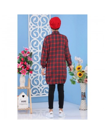 Tunique chemise longue à carreaux pour femme - Couleur noir, vert et rouge 