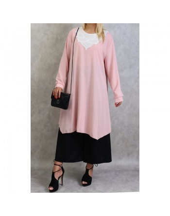 Tunique longue avec broderies et perles pour femme - Couleur rose 